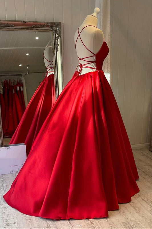 Evening Dresses Classy, Red Satin Long Prom Dress, Simple A-line Evening Dress
