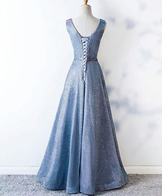 Bridesmaid Dresses Dusty Blue, Unique Blue Sequin Long Prom Dress, Blue Formal Dress