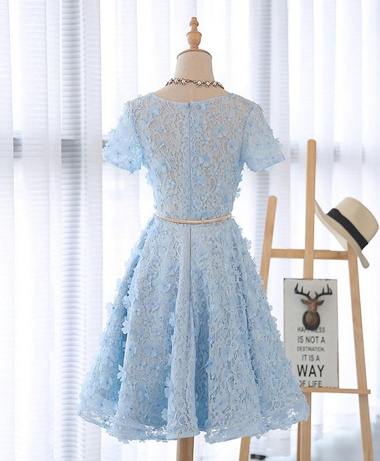 Party Dress For Babies, Cute Blue Lace Short Prom Dress, Blue Homecoming Dress