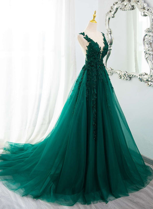 Prom Dress V Neck, Dark Green V-neckline Lace Long Beaded Prom Dress, Dark Green Party Dress
