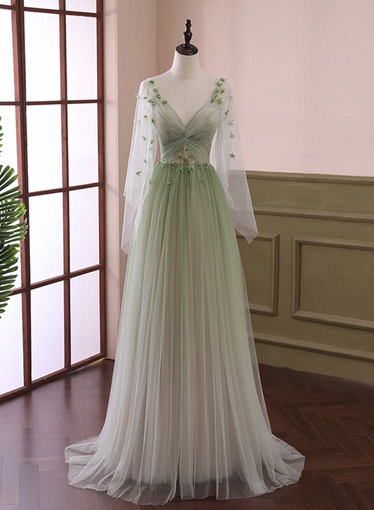 Prom Dresses Long Open Back, Beautiful Gradient Tulle Green Beaded Long Sleeves Party Dress, Green Formal Dress