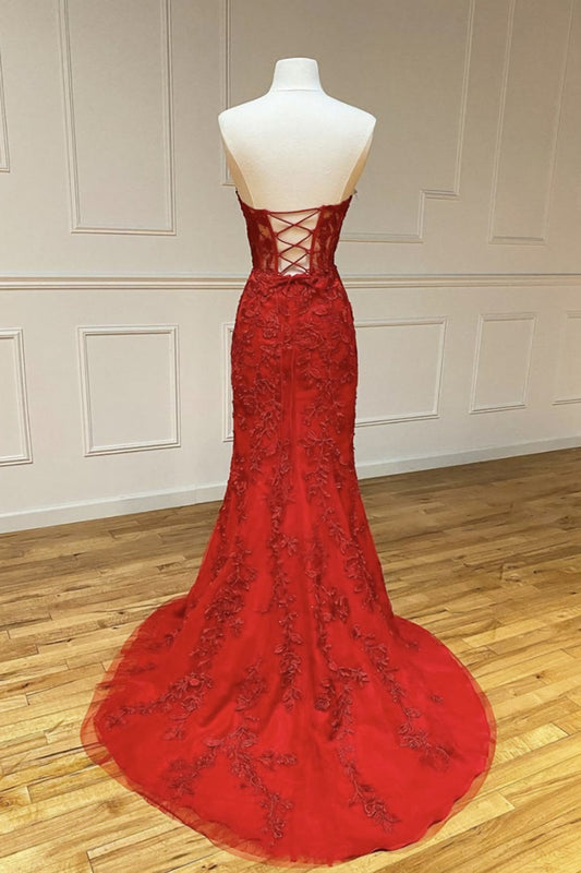 Bridesmaids Dress Under 111, Strapless Sweetheart Neck Mermaid Red Lace Long Prom Dress, Mermaid Red Lace Formal Dress, Red Lace Evening Dress