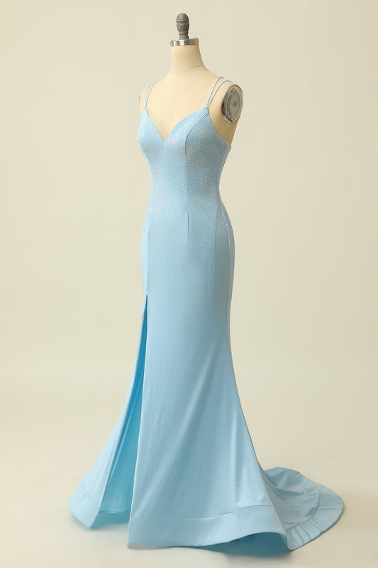 Bridesmaids Dress Trends, Light Blue Mermaid Spaghetti Straps Prom Dress