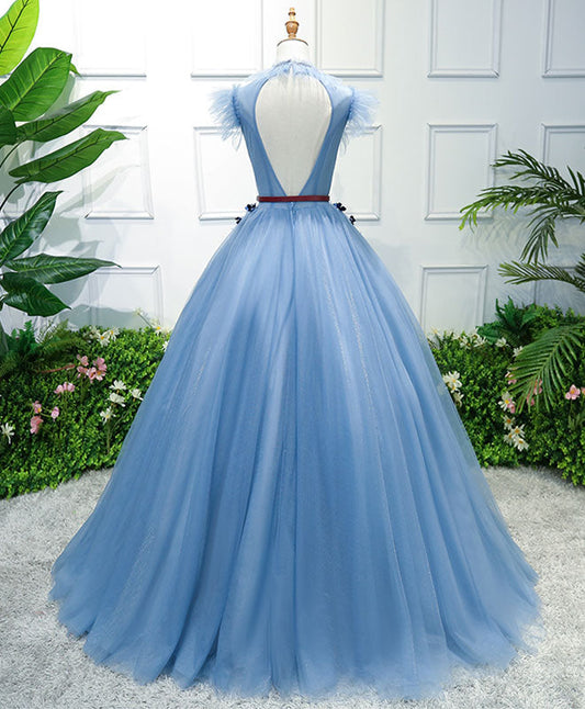 Prom Dresses Piece, Blue High Neck Tulle Blue Long Prom Dress, Blue Evening Dress