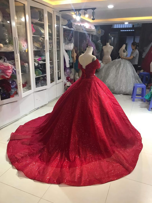 Prom Dresses For Adults, Off Shoulder Dress, Off Shoulder Red Dress, Red Glitter Fabric Red Ballgown Dress, Prom Dress