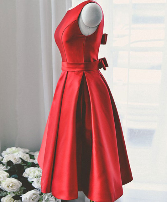 Formal Dresses Long Elegant, Cute Red A Line Satin Short Prom Dress, Backless Red Homecoming Dresses
