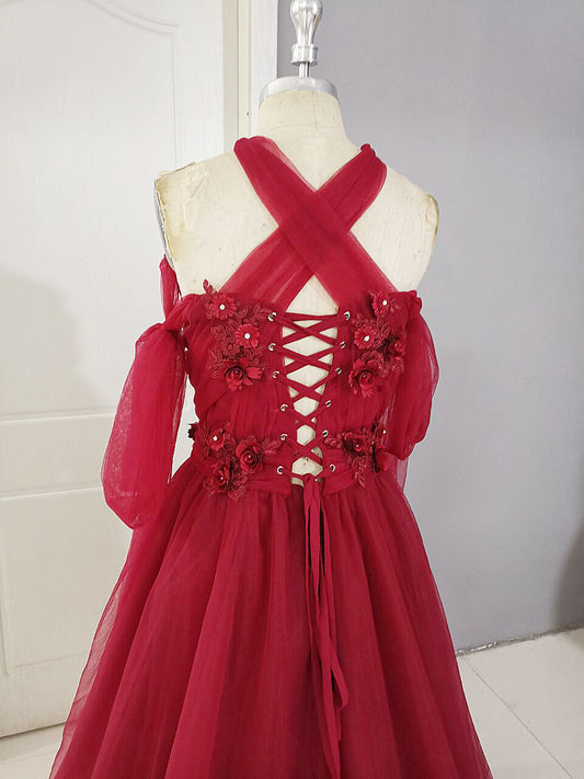 Cute Dress Outfit, Dark Red Tulle Lace Long Prom Dress, Red Tulle Lace Evening Dress