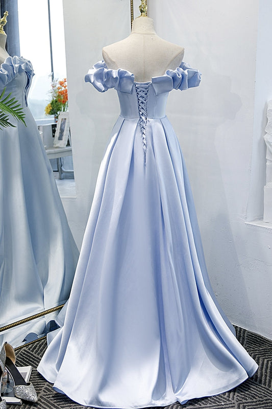 Party Dresses Size 27, Blue Satin Long A Line Prom Dress, Blue Evening Dress