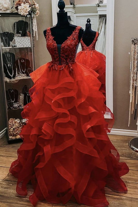 Homecoming Dresses Simple, Gorgeous V Neck Open Back Red Lace Long Prom Dress,Formal Evening Dress,Red Ball Gown Party Dresses