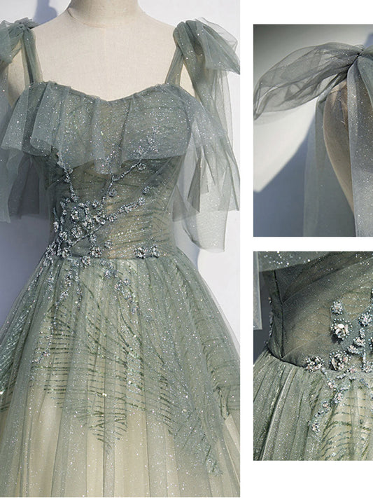 Party Dress For Summer, Gray Green Tulle Sequin Beads Long Prom Dress, Green Evening Dress