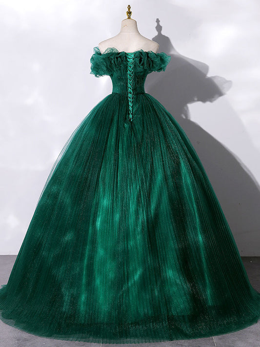 Bridesmaid Dress Styles, Green Off Shoulder Tulle Long Prom Dress, Green Sweet 16 Dress