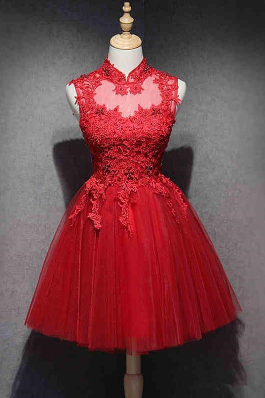 Prom Dresses Princesses, High Neck Red Lace Short Prom Dress,Homecoming Dresses,Red Formal Graduation Evening Dress