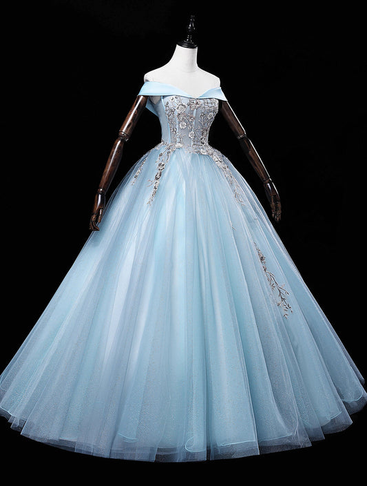 Prom Dresses Fitting, Light Blue Off Shoulder Flowers Tulle Long Party Dress, Light Blue Sweet 16 Dress