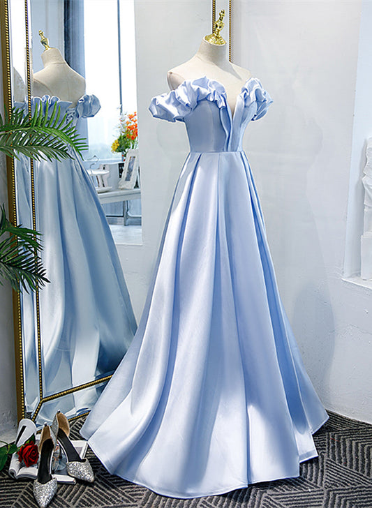 Beach Wedding Guest Dress, Light Blue Satin A-line Off Shoulder Long Formal Dress, Light Blue Evening Dress Prom Dress