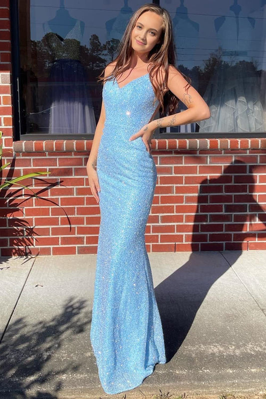 Light Blue Sequins Backless Mermaid Prom Dress