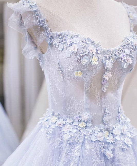 Ballgown, Light purple tulle lace long prom dress, blue evening dress
