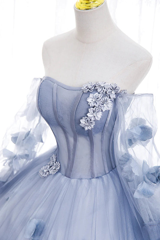 Prom Dresses2023, Lovely Light Blue Tulle Long Sleeves Sweet 16 Dress, Light Blue Flowers Formal Dress.