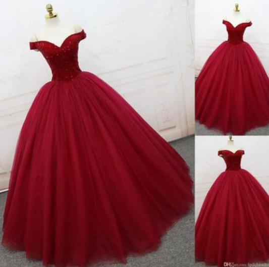 Party Dress Website, Red Ball Gown Prom Dress, Elegant Off Shoulder Prom Dress, Long Evening Dress