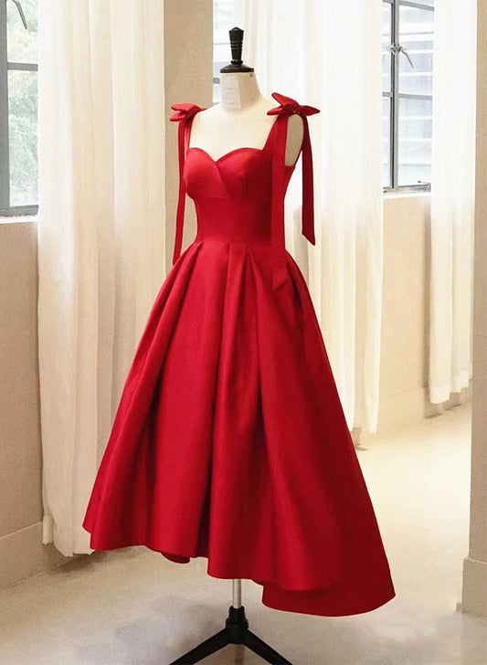Party Dresses For Teens, Red Satin High Low Formal Dress with Bow, Red Prom Dress Party Dress