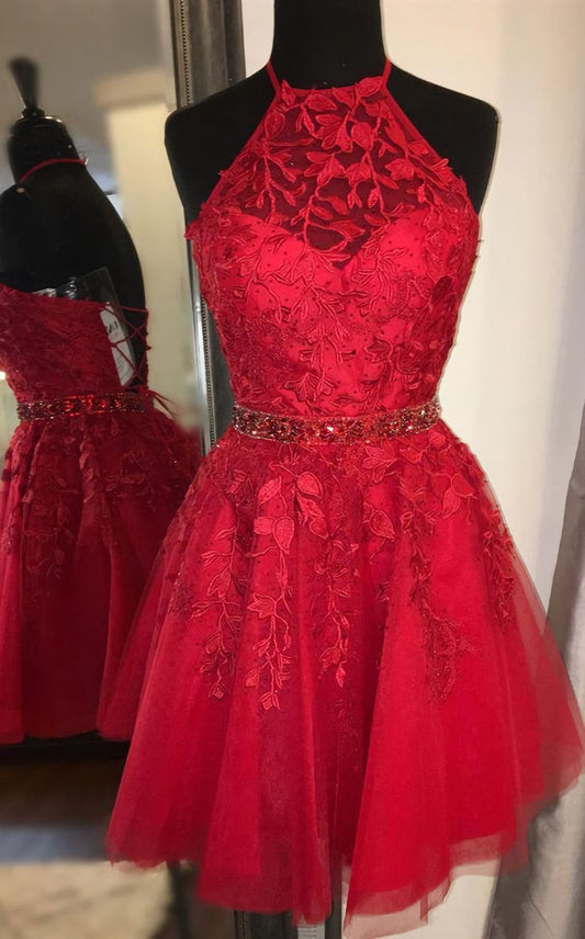 Prom Dress Designer, Red Short Homecoming Dresses,Formal Lace Hoco Dress with Beading
