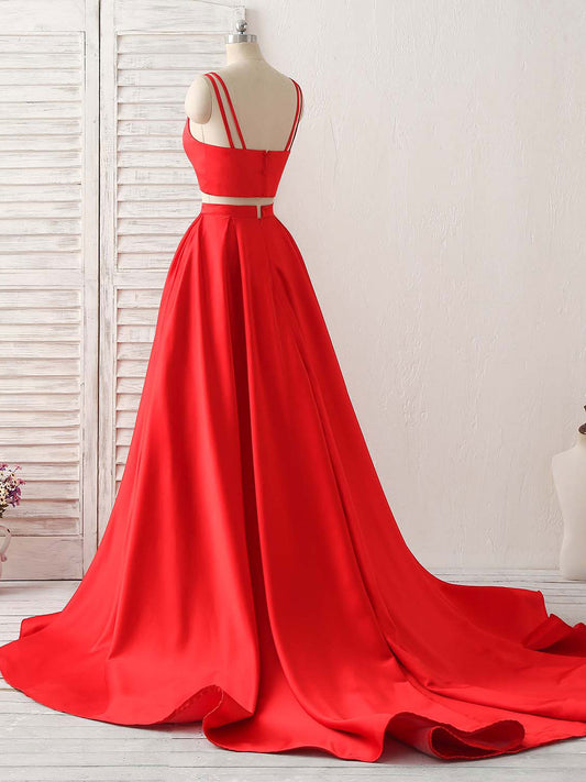 Party Dress Inspo, Red Two Pieces Satin Long Prom Dress Simple Red Evening Dress