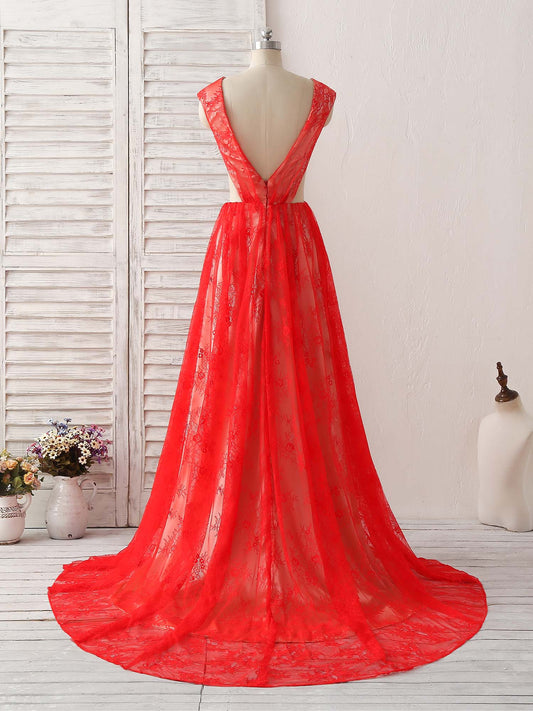 Party Dress For Cocktail, Red V Neck Lace Long Prom Dress, Lace Evening Dress
