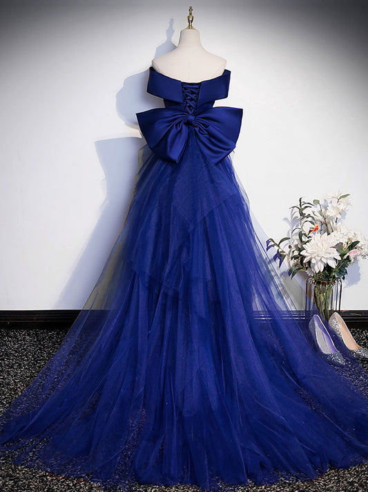 Evening Dresses For Wedding Guest, Royal Blue Mermaid Satin Long Prom Dress, Off Shoulder Blue Evening Dress