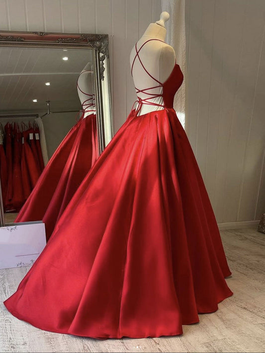 Homecoming Dresses Shop, Simple red satin long prom dress, red evening dress