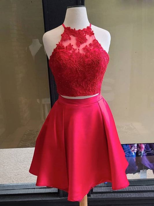 Homecoming Dress 2028, Simple red two pieces short lace prom dress, red homecoming dress