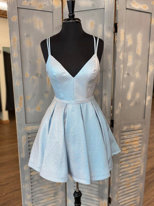 Homecoming Dress Shopping Near Me, Simple v neck light blue short prom dress, blue homecoming dress